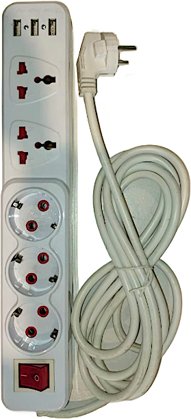 Electrical 5 Gang Socket + 3-USB With 3 m cable 10/16A 250 V